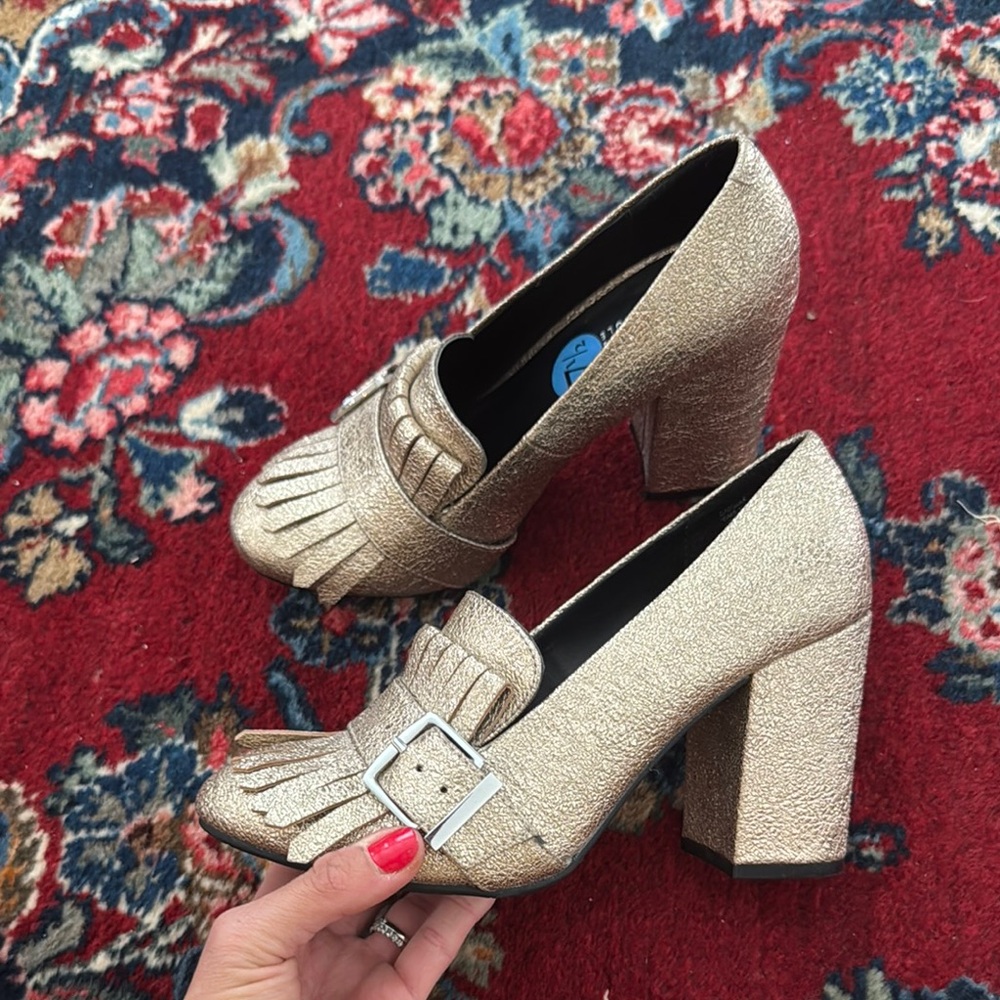 Gold Block Heel Loafers